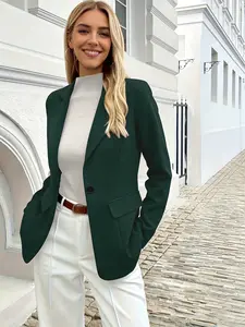 A dark green women's blazer, belonging to a minimalist commuter style, with a sleek and elegant look, perfect for work commuting and everyday outings, Suits