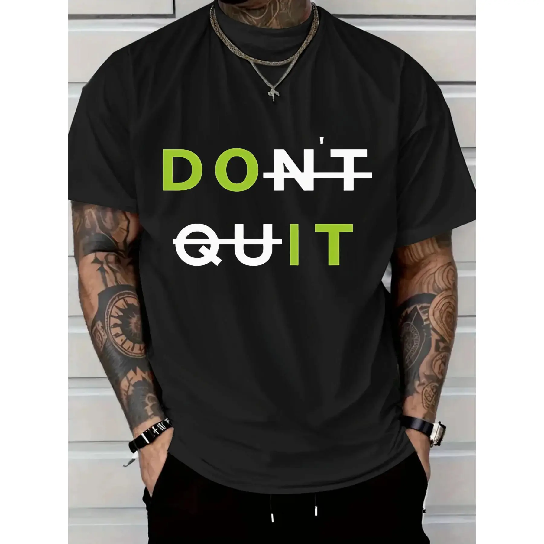 2026Men's CasualT-Shirt with Bold DON'T QUIT Motivational Graphic - White Tee, Green & Black Text, Regular Fit Short Sleeve, Casual Attire & Summer Outdoor Apparel, Cotton T Shirts, Soft Fabric Shirt