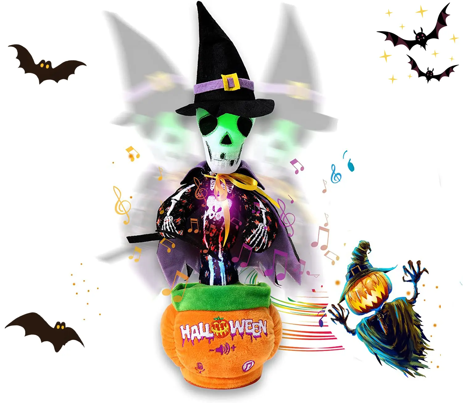 Emoin Cute Halloween Cactus Stuffed Toy - Musical Light Up Interactive Toy with LED Lights, Talking, Singing, Voice Recording & Repeating, Adjustable Volume, Kids' Party Favors & Halloween Gifts, Batteries