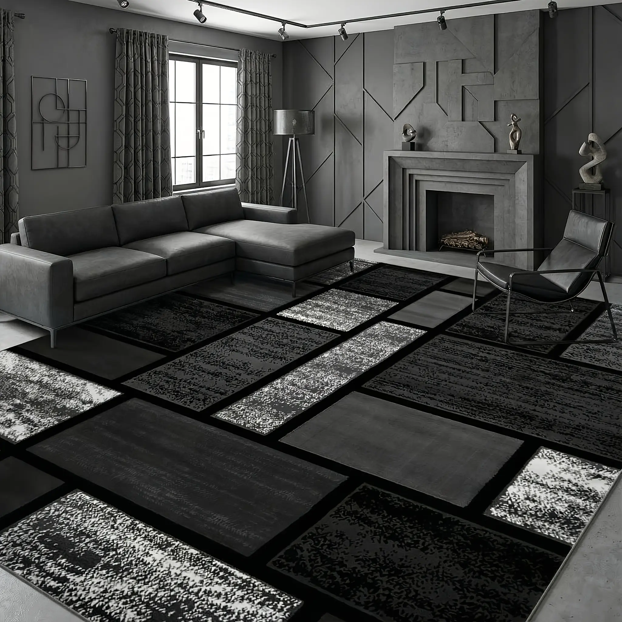 Black, white, and gray rectangular patchwork living room rug; a soft and comfortable low-pile rug with a non-slip design; machine washable and easy to maintain; suitable for dining rooms, home offices, offices, bedrooms, and other home decor settings
