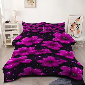 Glamorous Floral Galaxy Comforter Set,2/3Pcs Stylish Dark Purple Bedding Set with Sparkly Star Accents, 1 or 2 Pillowcase No Pillow Core,Cozy and Vibrant for Chic Bedroom Decor, Perfect for Adding Whimsy and Elegance to Your Space