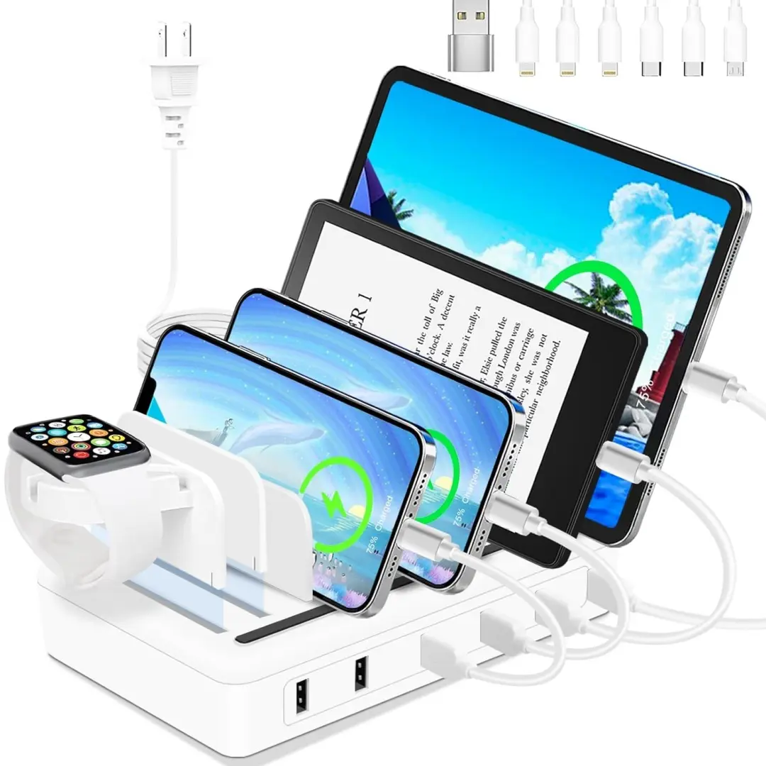 50W 6-Ports USB Fast Charger Station for Multiple Devices - 10-Slot, Detachable Dividers, Watch Holder, Compatible with Smartphone, Cellphone, Mobile, Electronic, Phone/Kindle/Tablet (6 Short Cables Included, White)