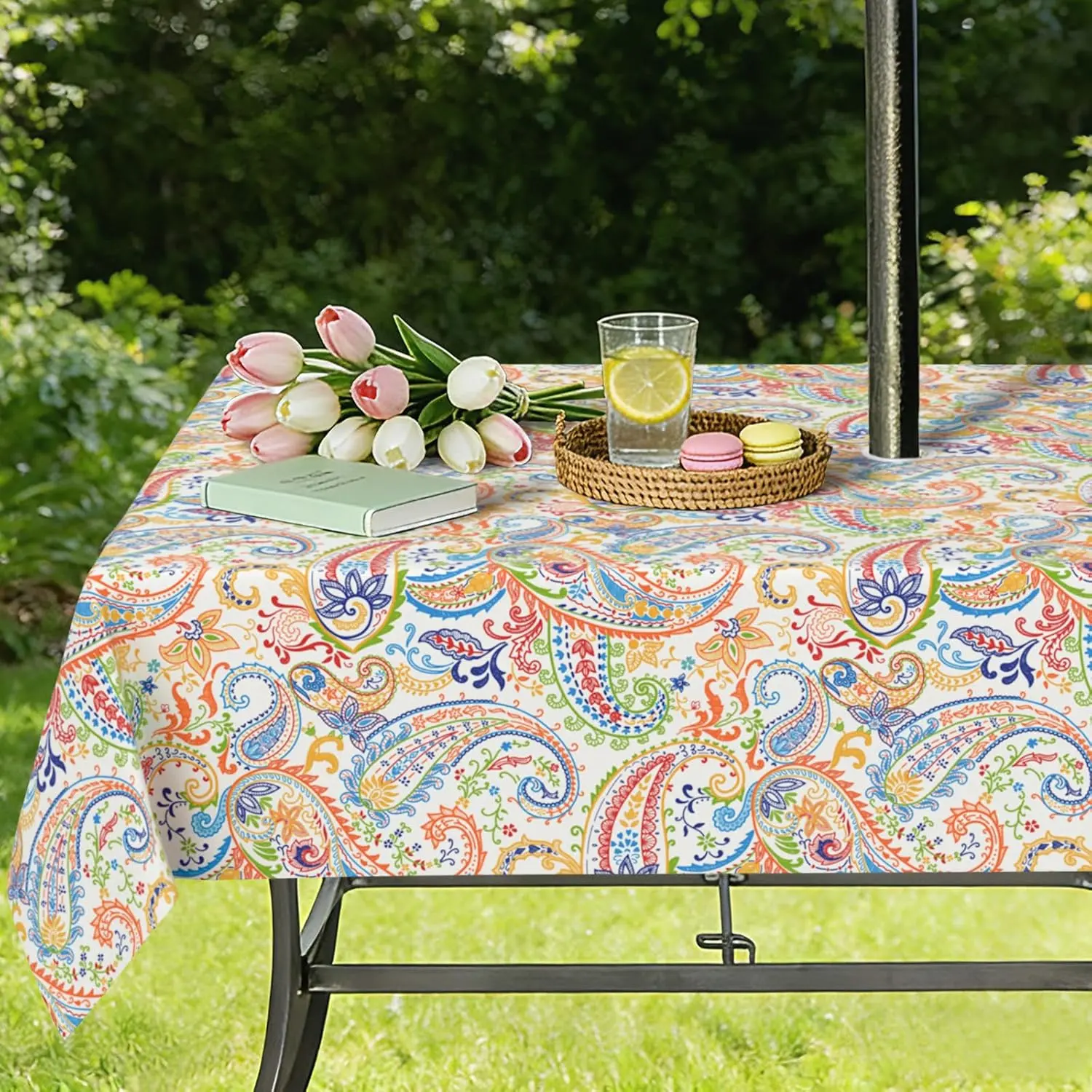 Outdoor Tablecloth with Umbrella Hole and Zipper, Paisley Waterproof Patio Table Covers, Rectangle 60" x 120"