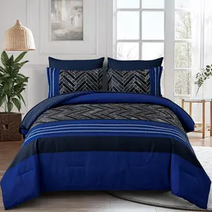 Blue Comforter Set  Size, 7 count Stripe Geometric Bed in a Bag, Geometric Comforter and Sheet Set, Soft Microfiber Complete Bedding Sets for All Seasons