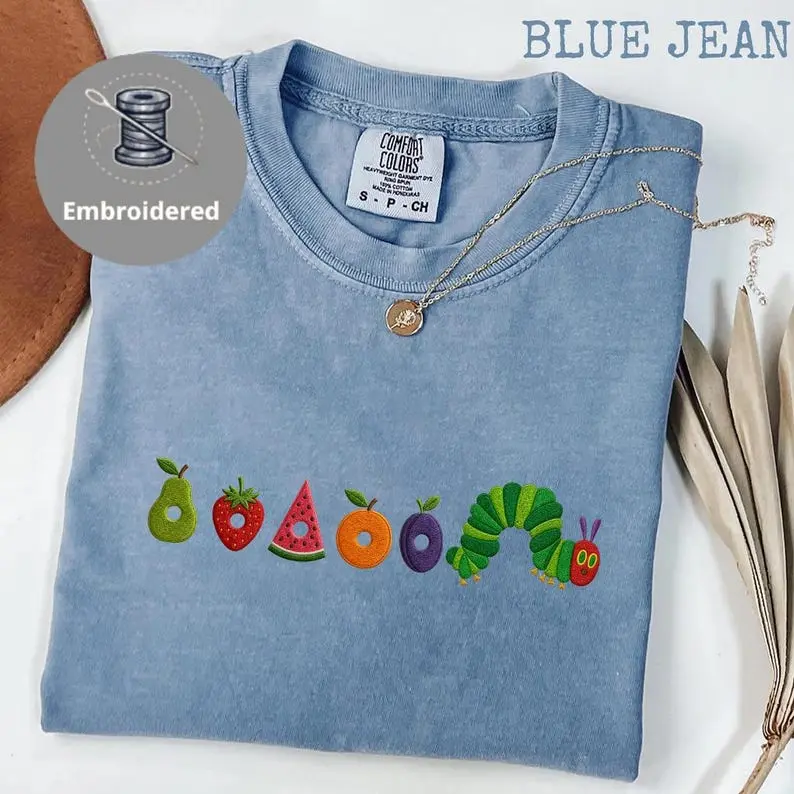 [Embroidered] Comfort Colors Cute Worm Shirt, Fruit Caterpillar Graphic Tee, Garden Bug Nature T-Shirt, Cottagecore Book Lover Gift