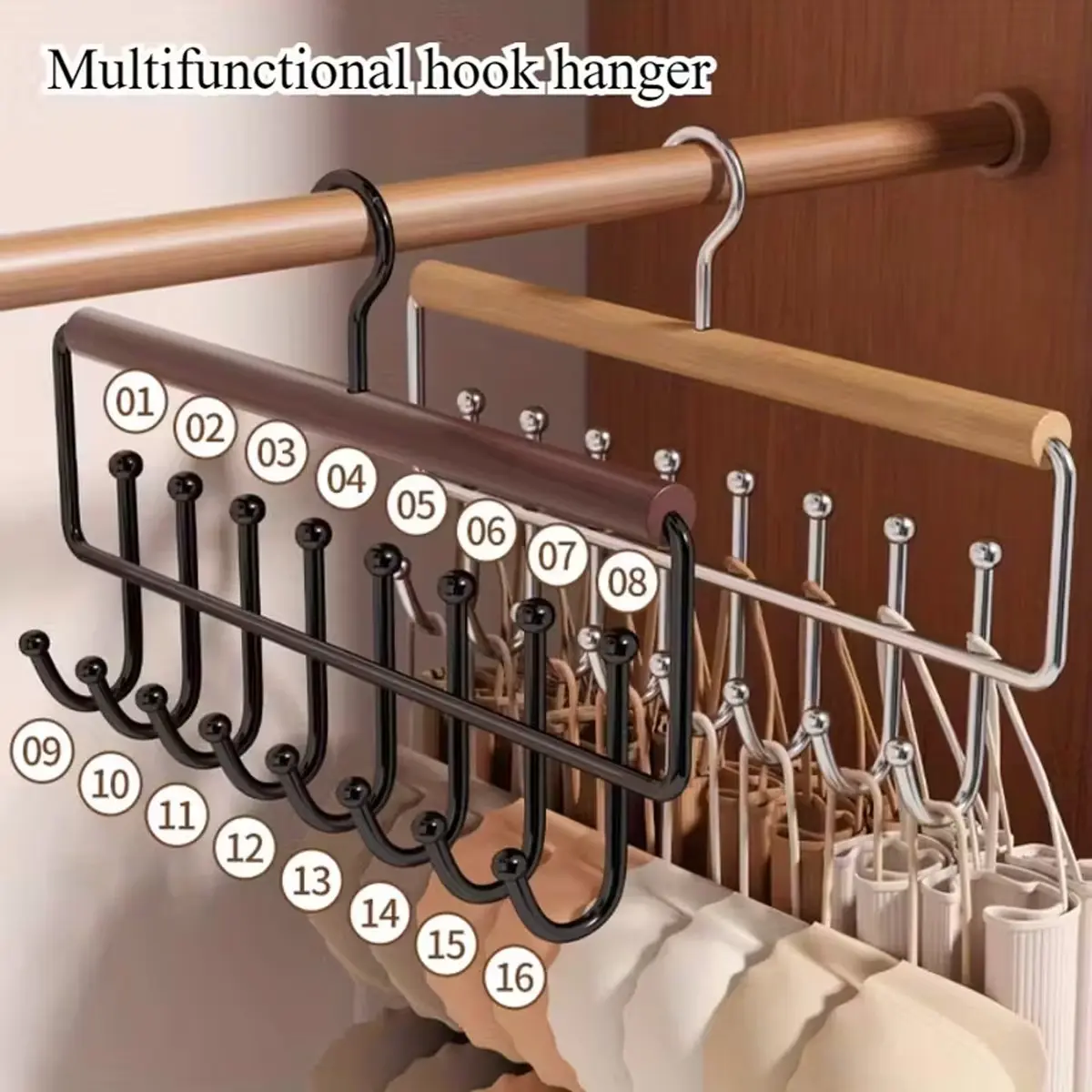2pcs Wooden Bra Hangers with 16 Hooks, Multi-Functional Underwear Storage Rack, Home Closet Organizer for Hats Towels Bras, Room Organizers, Room Organization Products