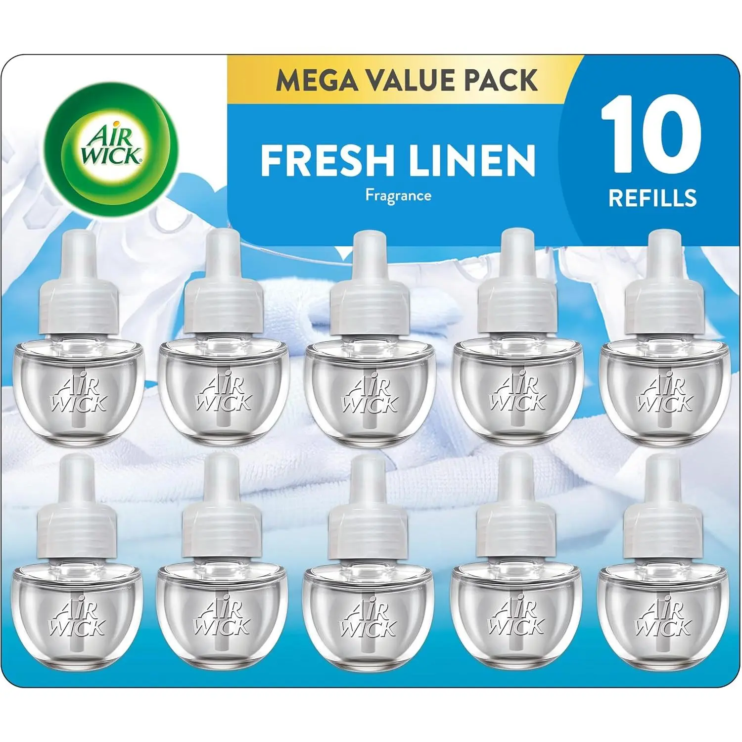 Air Wick Plug in Scented Oil Refill, 10ct, Fresh Linen, Air Freshener, Essential Oils, Eco Friendly Pack