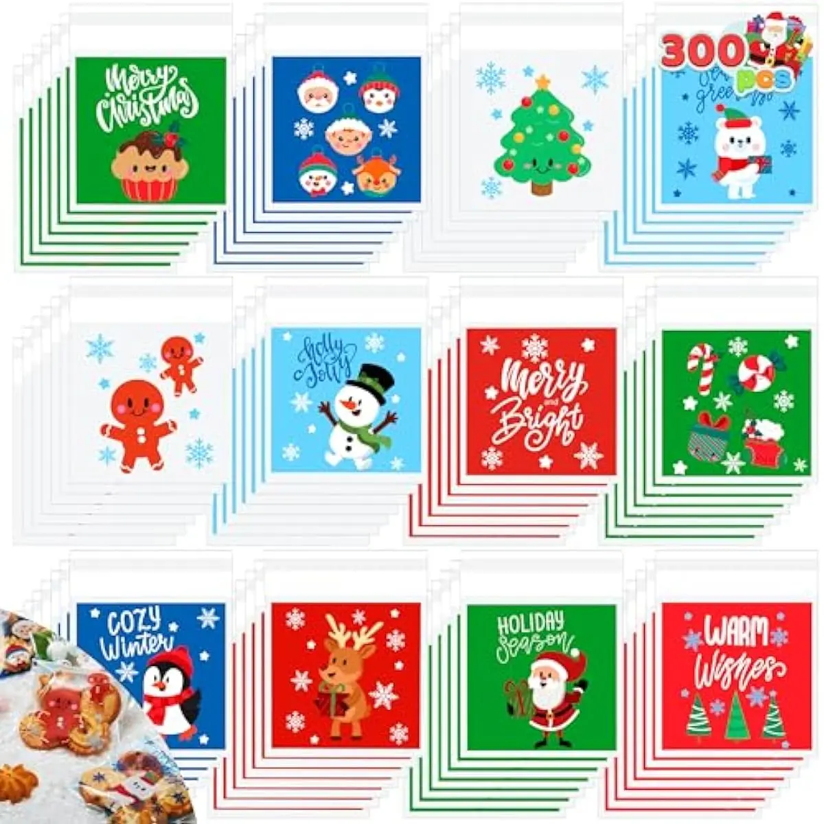 JOYIN 300 PCS Christmas Cookie Bags Self-adhesive Candy Plastic Cellophane Treat Bags for Package Holiday Goodie, Party Favors, Winter Holiday Party Supplies
