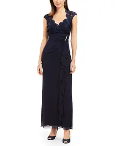Connected Women's Blue Lace Column Gown Dress