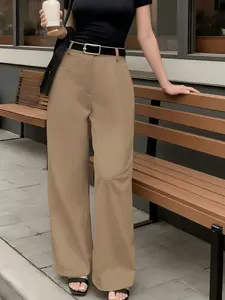 A pair of women's khaki high-waisted draped wide-leg suit pants, suitable for spring and summer, suitable for daily commuting, Casual, outfit, dating party.