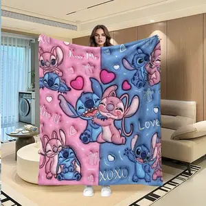 Stitch & Angel Blue Heart Couple Blanket, Lightweight Soft Cozy Four-Season Throw, Low-Allergy Anti-Tear Blanket