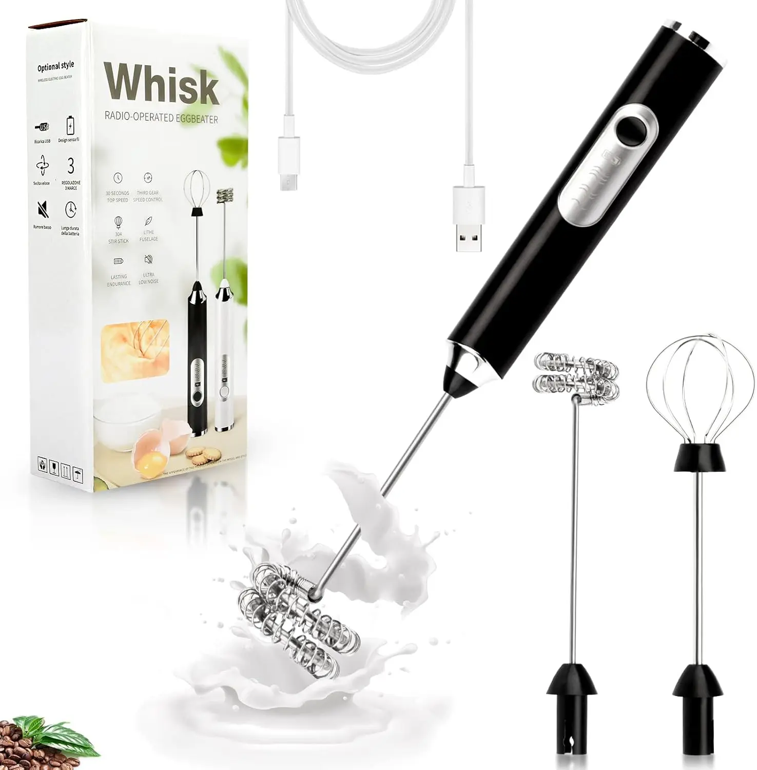 GMOX Handheld Electric Milk Frother with 2 Heads, Coffee Whisk Foam Mixer with USB Rechargeable 3 Speeds, Foam Maker Blender for Latte, Cappuccino, Hot Chocolate, Egg great gift