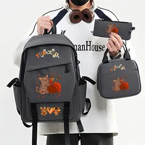 Thanksgiving Theme Three-Piece Backpack Set, Cartoon Cat Turkey Print, Adjustable Straps, Zip Closure, Perfect for Outdoor Travel & Daily Commute