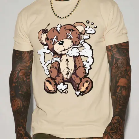 Men's Regular Fit Cartoon Bear Print Round Neck Jersey Tee, Stretch, Casual Comfy Soft Short Sleeve T-Shirt for Summer, Fashion Men's Top for Daily Wear, Streetwear, Classic, Menswear, Casual Summer Tees