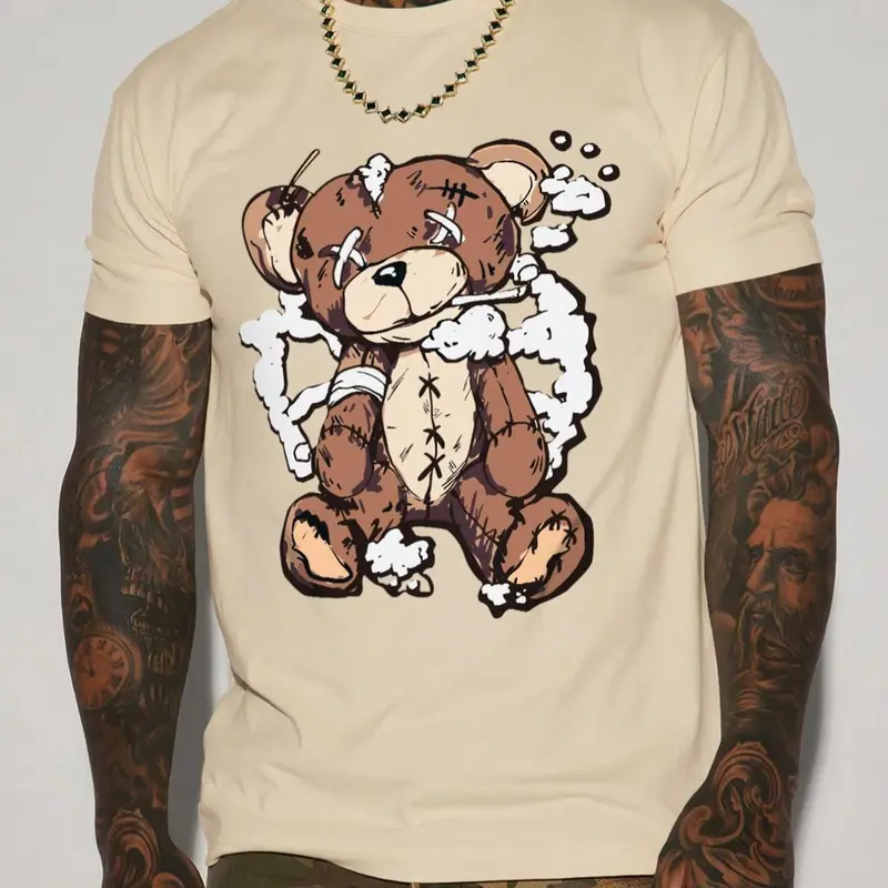 Men's Regular Fit Cartoon Bear Print Round Neck Jersey Tee, Stretch, Casual Comfy Soft Short Sleeve T-Shirt for Summer, Fashion Men's Top for Daily Wear, Streetwear, Classic, Menswear, Casual Summer Tees