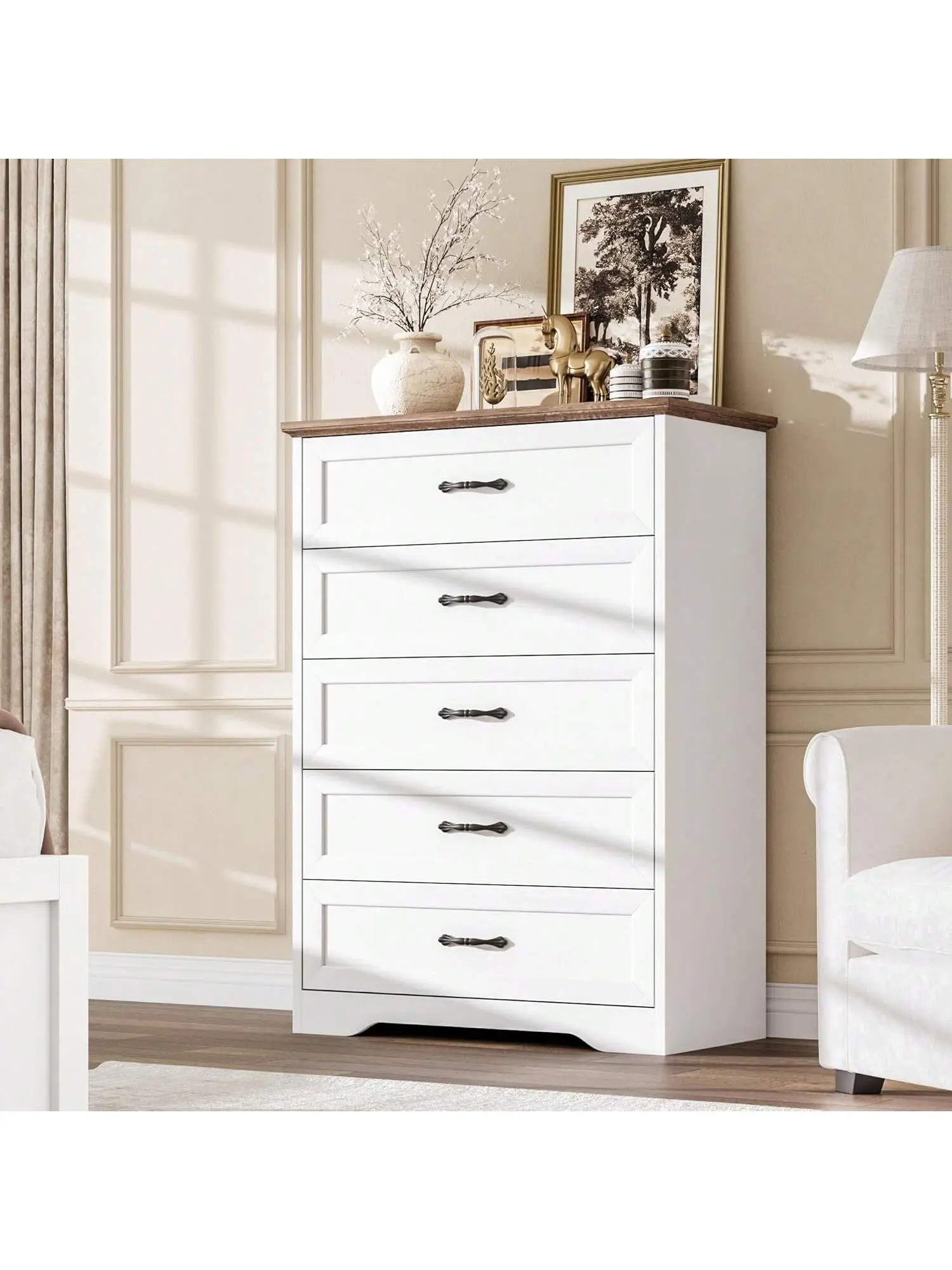 Gaomon 5-Drawer MDF Wood Farmhouse Modern Tall Dresser - Reclaimed Barnwood Color, 31.5x15.7x43.9in, Waterproof, Stable, Anti-Tip Safe, Durable, Metal Wide Vintage Handles, Natural Grain Texture, Easy Assembly, Curved Base, Bedroom Storage Organizer