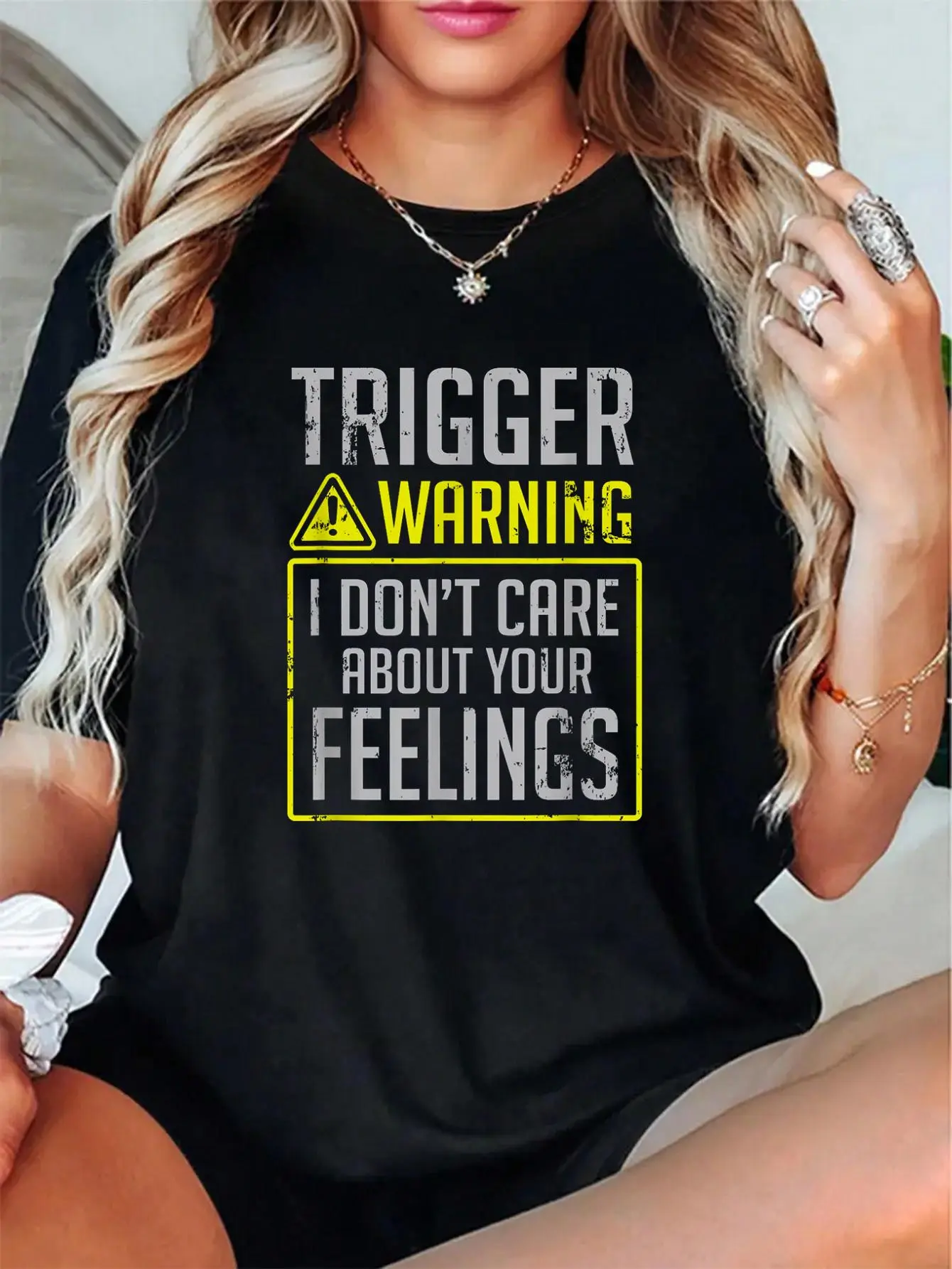 Women's 100% Cotton Short-Sleeve Breathable Everyday Fit Political Tee - Unisex Funny "I Do Not Care" Trigger Warning Print Top, Autumn Christmas Letter Pattern Shirt, Vibe, Love, Check, Cute, T-Shirt, Soft, Style
