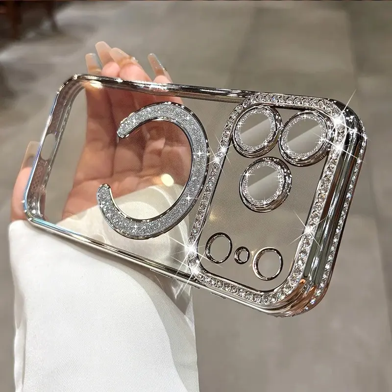 Stylish Magnetic Transparent Bling Crystal Phone Case Cover Compatible with for iphone 17/17 Pro Max/17 Air/16E/16 Pro Max/15/14/13/12/11 Pro Max, Featuring Anti-Yellowing And Wireless Charging Capabilities Along with a Lens Protector, Magnetic Phone