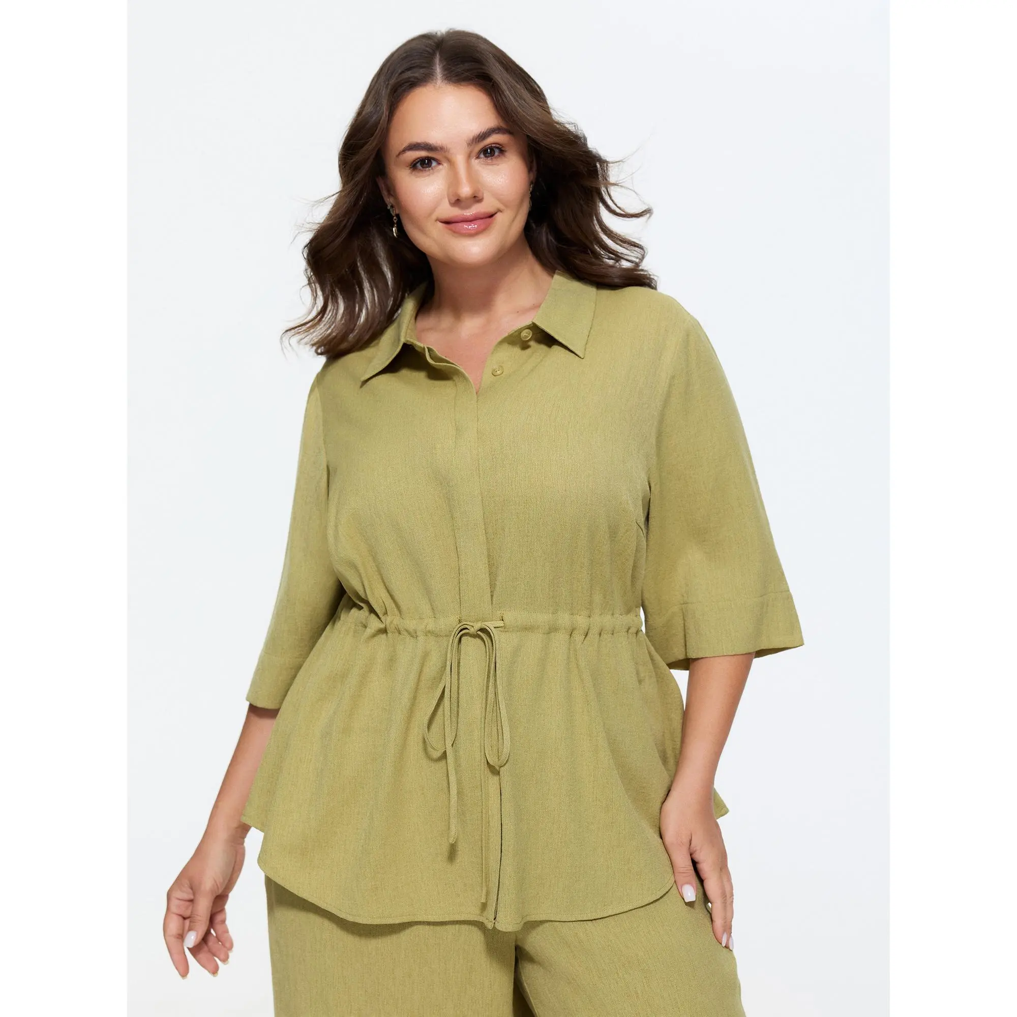 BloomChic Lady's Plus Size Blouse, a Solid Smooth Fabric Leisure Garment, Tunic Fit with 3/4 Bell Sleeve and Lace-Up Smocked Detail, Polyester, Casual, Basic