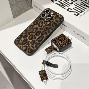 5 Piece Set Leopard Print Phone Case, Charger Head Cover, Cable Protector, Storage Rope, Anti-Drop Tpu Case, Casing for iPhone 6-17 Pro Max