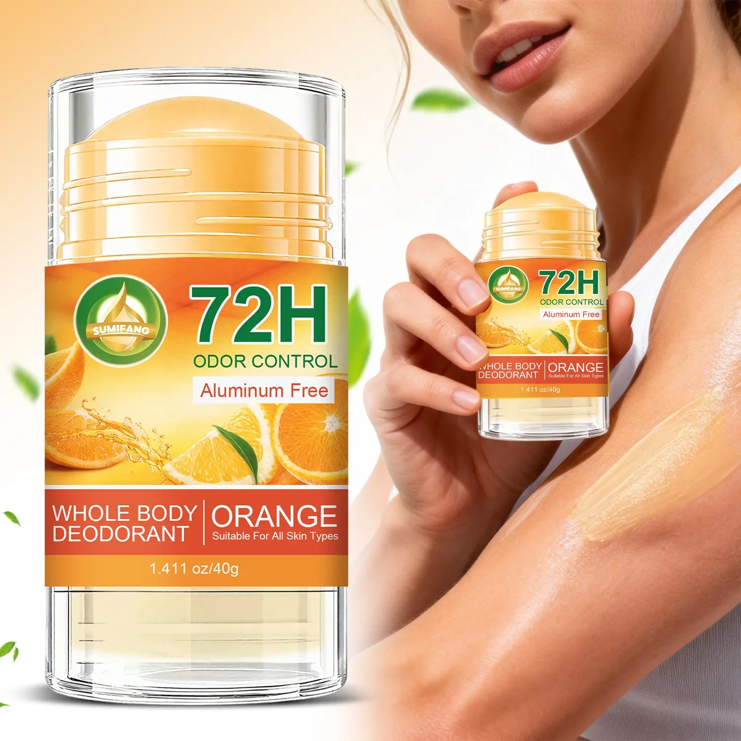 Orange-scented antiperspirant deodorant stick, long-lasting odor control, refreshing underarms and body, gentle on skin, non-irritating, suitable for all body, long-lasting odor control, pore-minimizing, and underarm deodorizing.