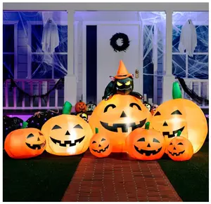 7 FT Long Halloween Inflatables Pumpkin Outdoor Decorations, 7 Pumpkins Outside Decoration with Witch's Cat with Build-in LEDs Blow Up Inflatables for Halloween Party Yard Lawn Garden Decor