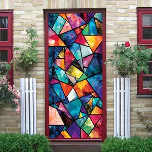 2pcs Colorful Abstract Geometric Glass Art Wall Stickers Modern Living Room Bedroom Decorative Stickers Self Adhesive Removable Waterproof PVC Door Stickers Home Renovation Creative Background Wall Decals