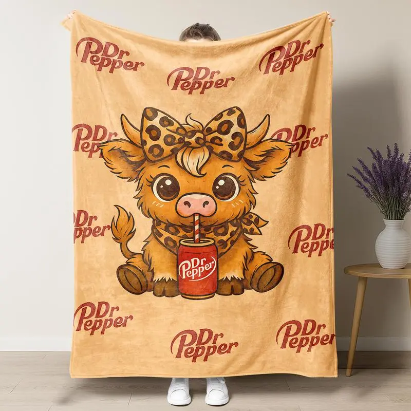 TikTok Gift Picks Cartoon Cute Highland Cow Pattern Flannel Blanket Dr Pepper Soft Warm Throw Blanket Air-conditioned Room Blanket Warm Nap Blanket for Home Office Travel Camping Best Christmas Gifts Modern Style Multi-Purpose Home Decor Accessory