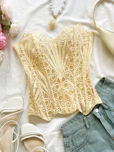 Women’s Random Pattern Lace Up Shapewear Tube Top, Elegant Contrast Lace Corset Top, Tummy Control Shapewear for All Seasons