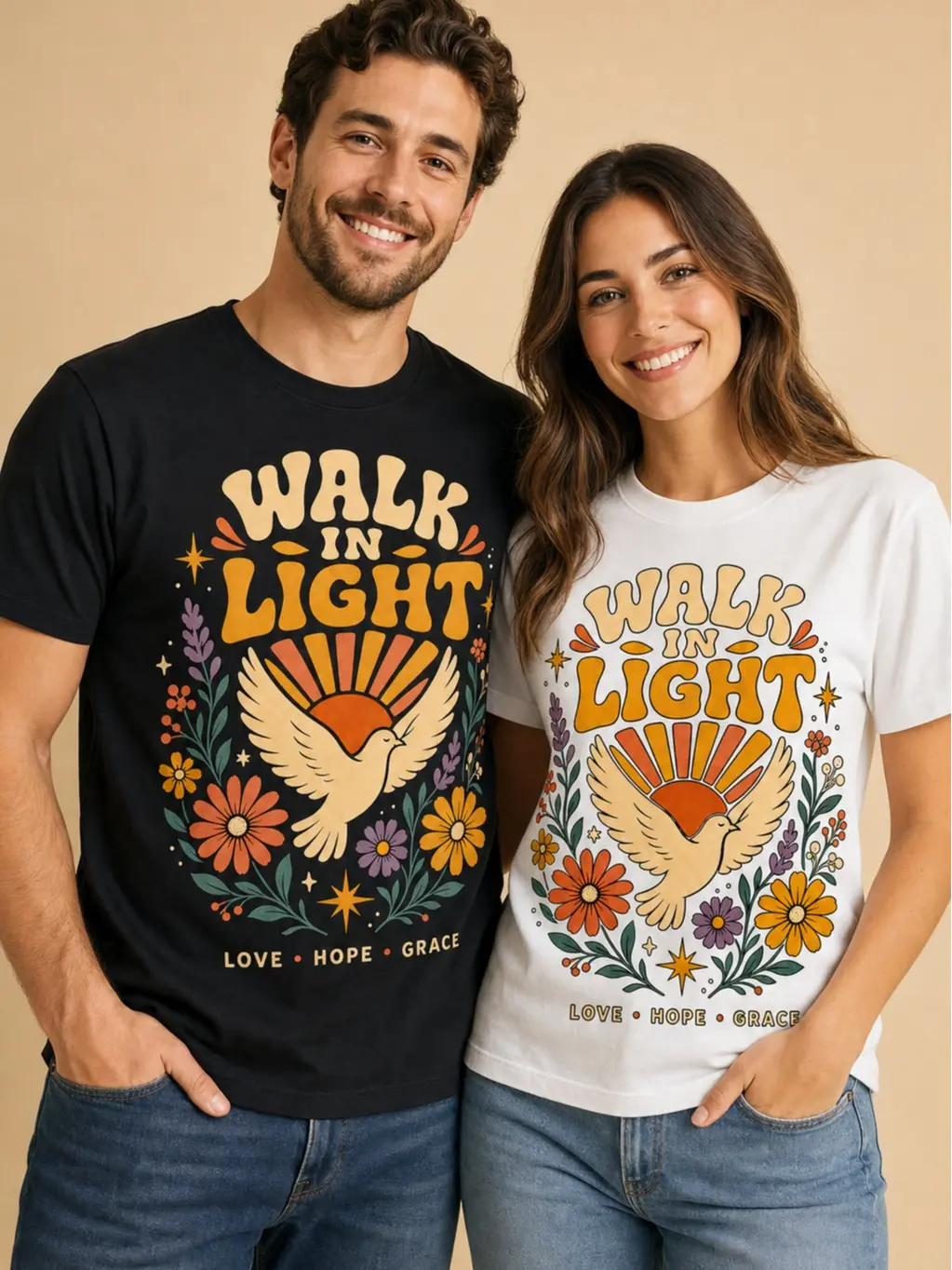 Streetwear Menswear Tshirt, Vintage-Style "Walk in Light" Floral & Bird Graphic Print, Casual Shortsleeve Round Neck Top