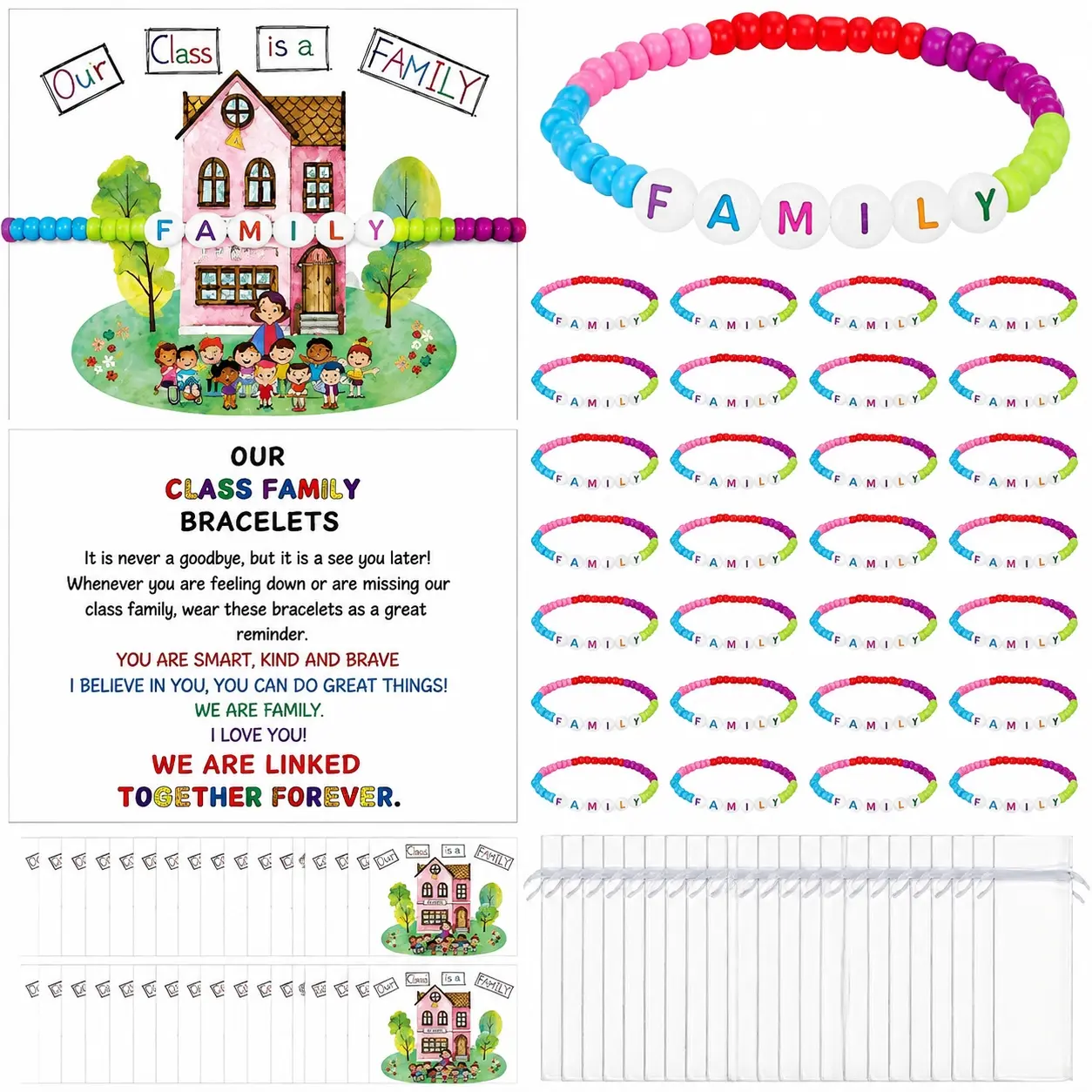 【Back to School】25 Pcs Back to School Gifts for Students-  Friendship Bracelets Greeting Card And First Day of School Bracelet with Bags Letter Bracelet for 1St Day of Classroom  ,Classroom Activity Kit Gift