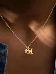Women's Letter Zirconia Bubble Cross Initial Pendant Necklace, Stainless Steel Chain, Casual Style Jewelry for All Seasons