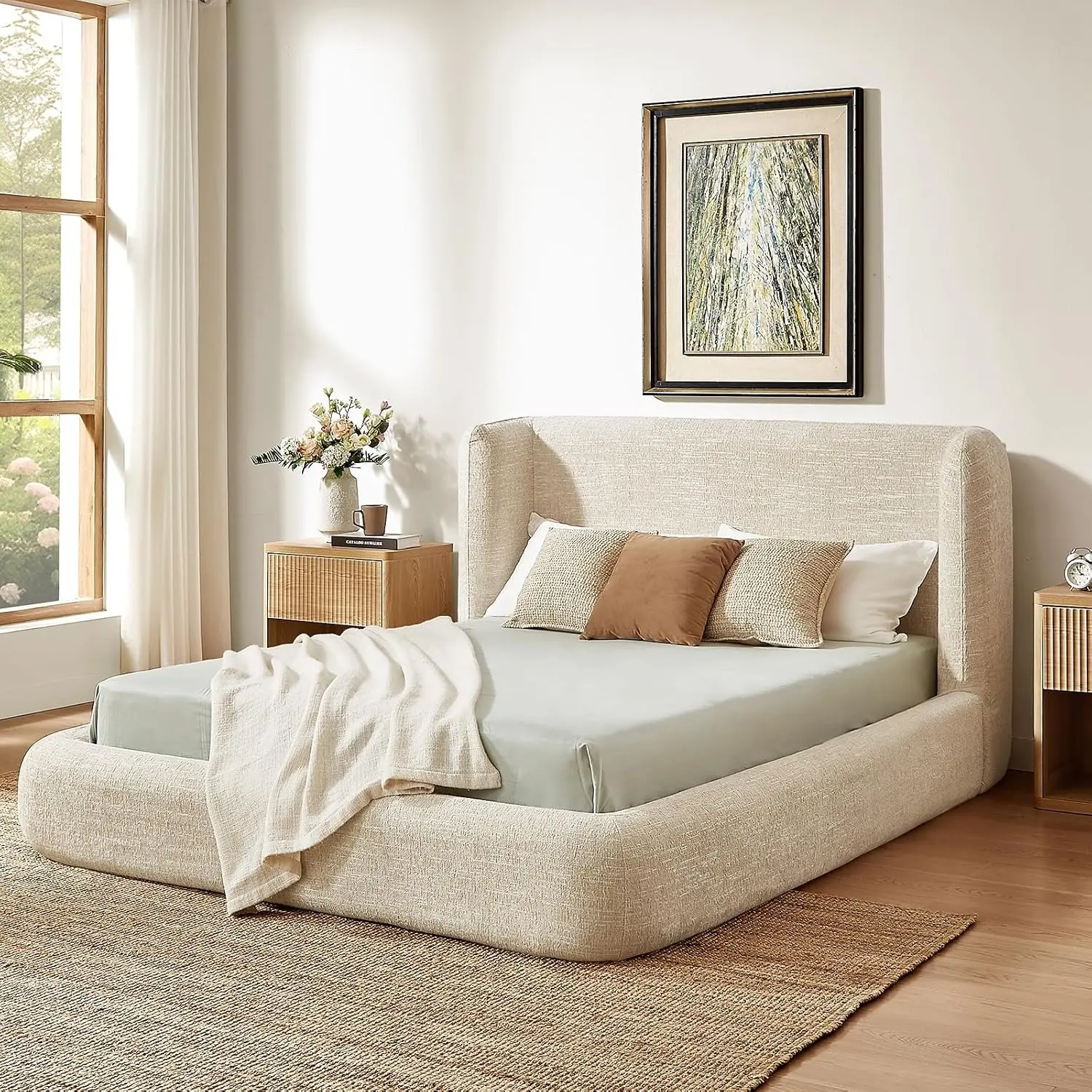 Platform Bed Frame, Upholstered Bed Frame with Headboard, 5.9" Thick Padded Cloud Bed Frame with Performance Fabric, Easy Assembly, No Box Spring Needed, Noise Free, (Cream, White) (Twin, Queen, King)
