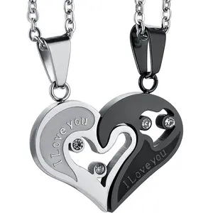 Heart-to-Heart Couple Necklace with Diamond-Studded Heart Pendant, Heart-to-Heart Creative Stainless Steel Necklace Set with Interlocking Hearts