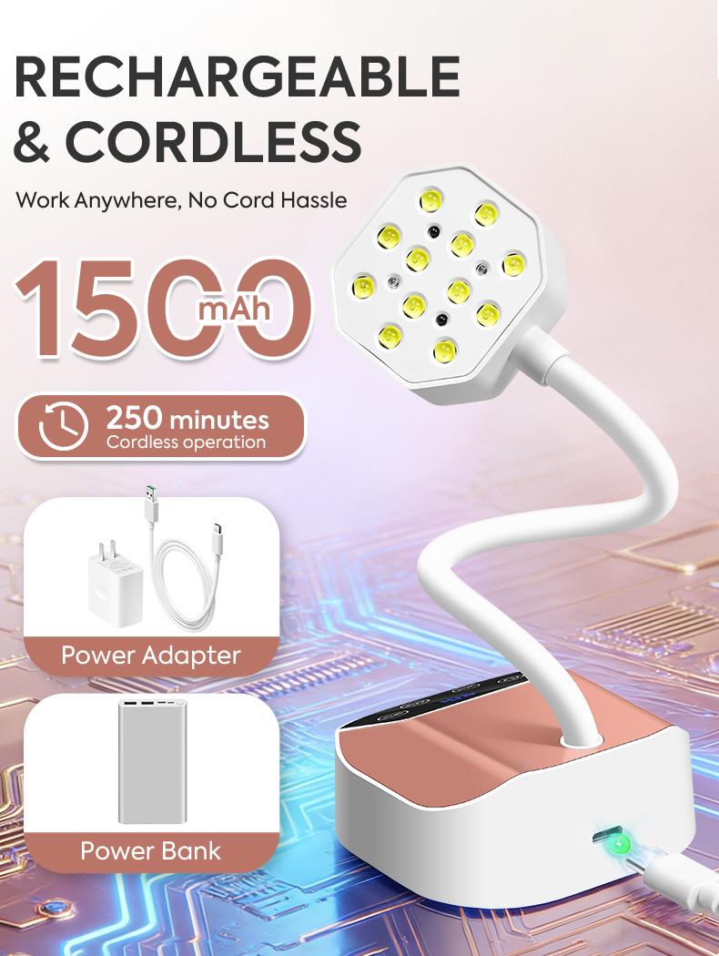 Rechargeable UV LED Nail Lamp with Auto Sensor, 1500mAh Cordless Gel Nail Curing Light with 360° Flexible Gooseneck, 4 Timer Modes (10s/30s/60s/90s) Portable Nail Dryer for Gel Polish, Professional Manicure Light for Home Salon Use