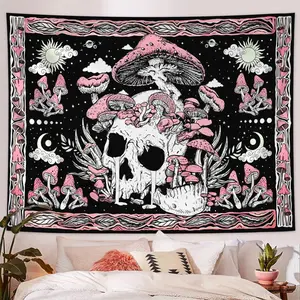 Mushroom Skull Pattern Durable Decorative Tapestry, Gothic Skull Starry Sky Moon Phase Sun Wall Hanging, Tarot Card Mysterious Tapestry, Bedroom Living Room Holiday Decoration Tapestry, Halloween