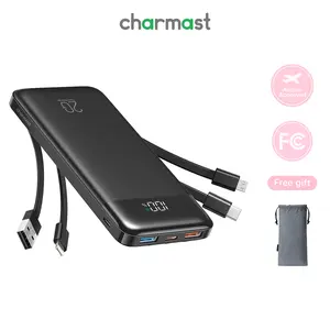 Charmast 20,000mAh Ultra-Slim Power Bank with 20W Fast Charging & Built-in Cables Portable Charger for Smartphones Tablets & USB-C Devices Rechargeable Battery Pack Black