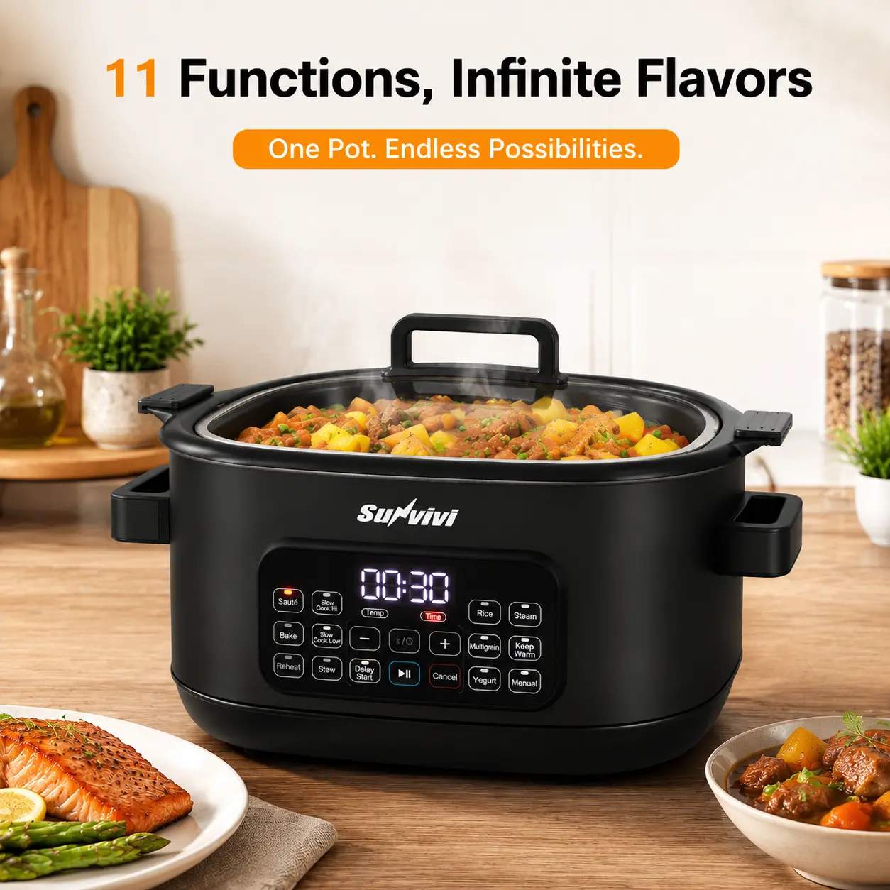 Sunvivi 12-in-1 Multi-Function Slow Cooker Roaster Oven, 6.5QT Silver Digital Programmable Model with Aluminum Rack, Large Removable Nonstick Crock, Glass Lid, Timer, Temp Control, Delay Start, 120V 1500W