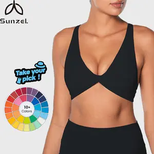 Sunzel women’s V-neck twist sports bra, low impact, removable pads, cross back straps, backless design; padded bralette for going out and casual wear