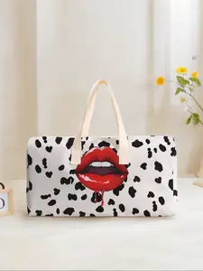 Large Capacity Corduroy Travel Duffle Bag Lightweight Weekender Bag Luggage Backpack, Lip Pattern Printed Casual Yoga Fitness Handbag, Ideal for Short Trips Weekend Outing Daily Commute