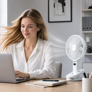 6.3 Inch Large Handheld Fan(including base),Clip on Fan, Super quiet, 180° Foldable Personal Fan, Desk Fan, 4 Speeds USB Rechargeable Battery Operated Portable Desk Fan with Hook for Travel, Office, Camping, White