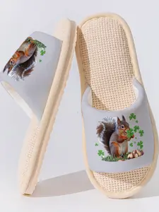 Cute Squirrel Lucky Clover Linen Slippers, Breathable Non-Slip Sole, Casual Asymmetrical Design, Bedroom and Living Room Use