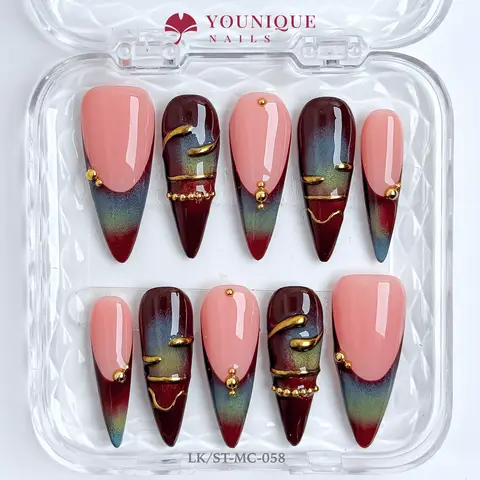 Younique Nails SOFT NUDE Handmade Reusable False Acrylic Set Kit Luxury Press-On Salon Quality Fake Press On Tip Week Wear Sea Blue Base French Design Gold Style Light Party Unique Look Art Ready Ultimate Creative Gift Night Outing DIY Artificial