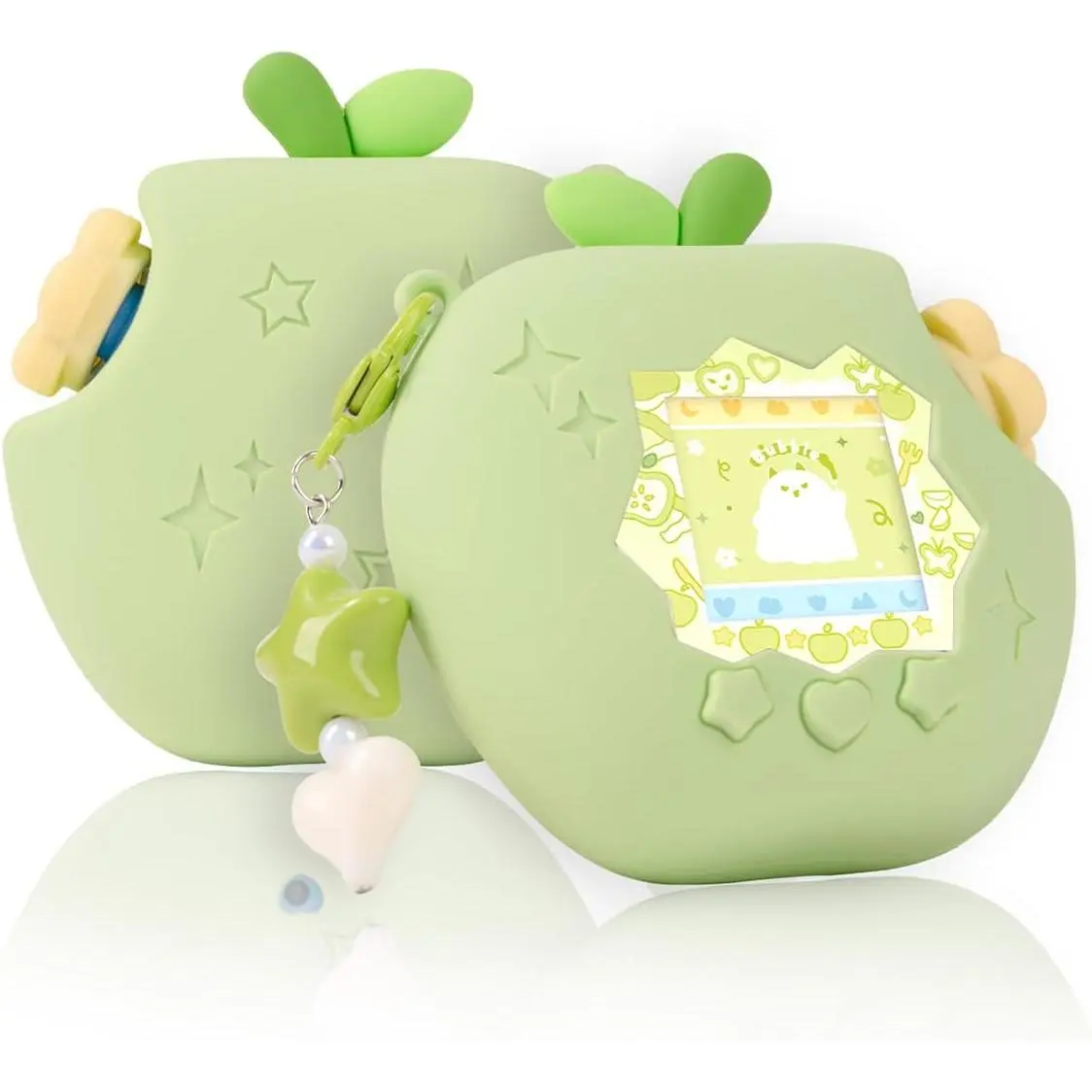 Apple Case for Tamagotchi Paradise, 4-iaradisen-1 Shockproof Silicone Protective Cover Kit with Faceplate, Flower Dial Cap & Charm, Kawaii Accessories for Girls & Adults (Green)