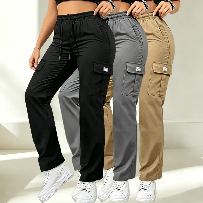 Women’s cargo pants for spring/autumn, casual long pants with elastic waistband and multiple pockets, suitable for outdoor activities and everyday wear. Casual Loose Pocket Womenswear