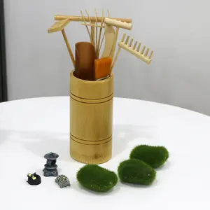 Mini Zen Garden Rake Tool Kit - Tabletop Meditation Rock Sand Garden with Moss Rake, Brusher, Spoon, Figurines, Holder, Desktop Statue