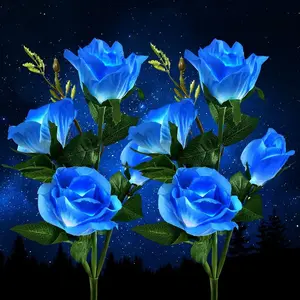 Solar Garden Lights Outdoor: Waterpoof Artificial Rose Flower 2 Pack - White/Yellow/Blue LED Landscape Lighting Fairy Decorations for Outside Yard Patio Lawn Jardin - Christmas Gifts for Mom Grandma