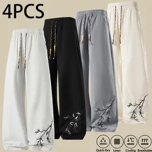 Set of 4 men’s new-style wide-leg linen pants with Chinese bamboo embroidery, quick-drying fabric and an elastic waistband; traditional style, casual, comfortable, and versatile.
