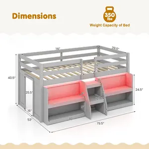 Giantex Low Loft Bed with LED Lights, Wooden Loft Bed Twin Size with Stairs & Safety Guardrail, Loft Bed for Kids with Storage Bookcase and Under-Bed Play Space, Grey