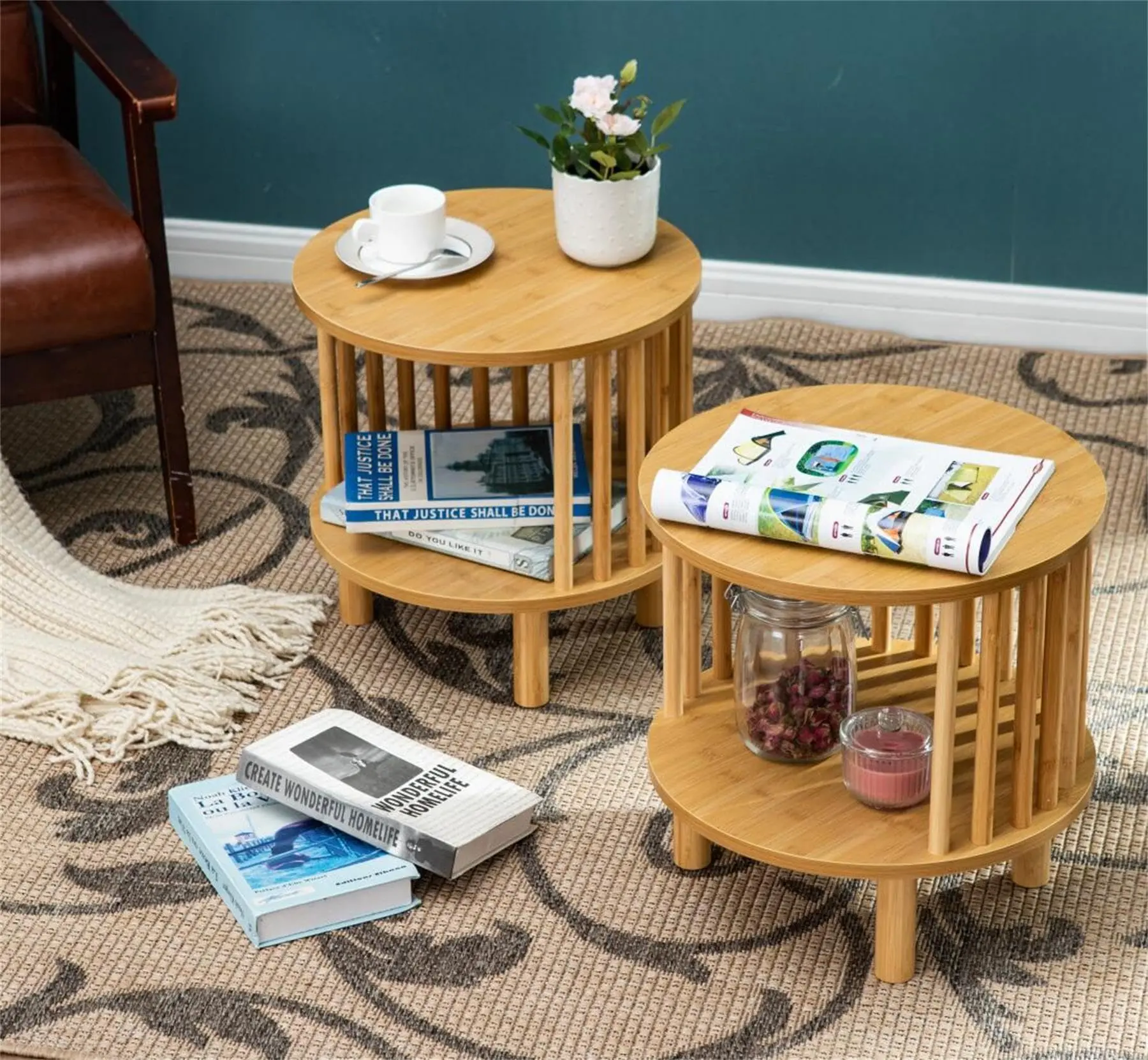 PHIVILLA End Tables for Living Room Set of 2 Round Nightstands with Storage, Wood Look Mid Century Accent Furniture, Easy Assembly Home Decor